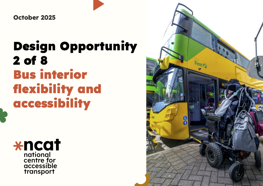 Screenshot of a slide with the title ncat Design opportunity 2 of 8 - Bus interior flexibility and accessibility alongside a photo of a person in a large powered wheelchair about to get onto a bus