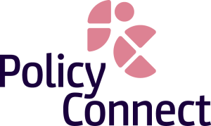 Policy Connect logo - with dark blue text on a clear background with a pink graphic of the stylised letters P and C above