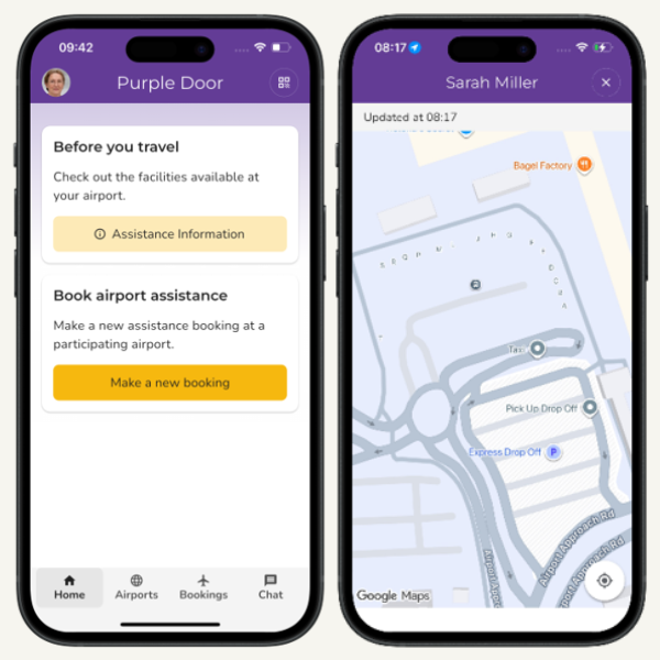 an image showing two phone screens side by side - demonstrating how you can use the Purple Door app to book assistance, and showing an airpot layout